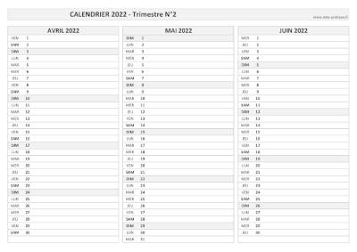 Calendrier vierge trimestre N°2 2022 : mois d'avril, mai et juin 2022.