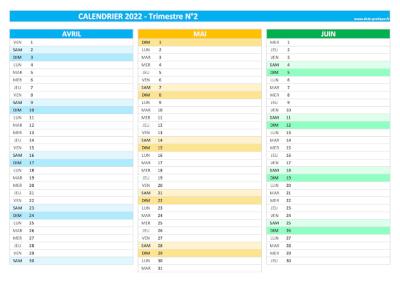 Calendrier 2022 vierge trimestre N°2 : mois d'avril, mai et juin 2022.