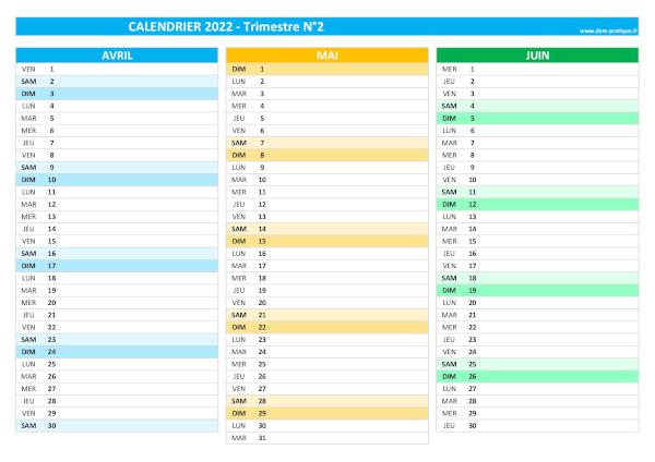 calendrier 2022 vierge trimestre N°2 : mois d'avril, mai et juin 2022.