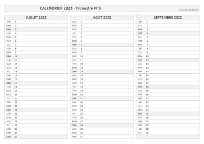 Calendrier vierge trimestre N°3 2022 : mois de juillet, août et septembre 2022.