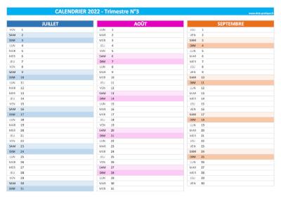 Calendrier 2022 vierge trimestre N°3 : mois de juillet, août et septembre 2022.