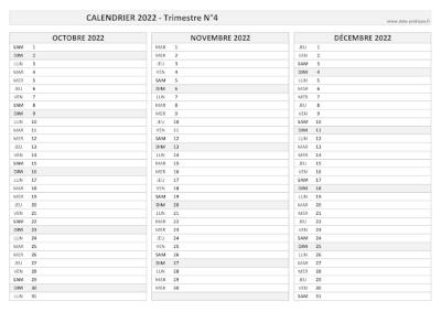 Calendrier vierge trimestre N°4 2022 : mois d'octobre, novembre et décembre 2022.