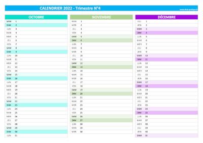 Calendrier 2022 vierge trimestre N°4 : mois d'octobre, novembre et décembre 2022.