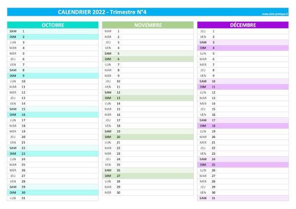 calendrier 2022 vierge trimestre N°4 : mois d'octobre, novembre et décembre.