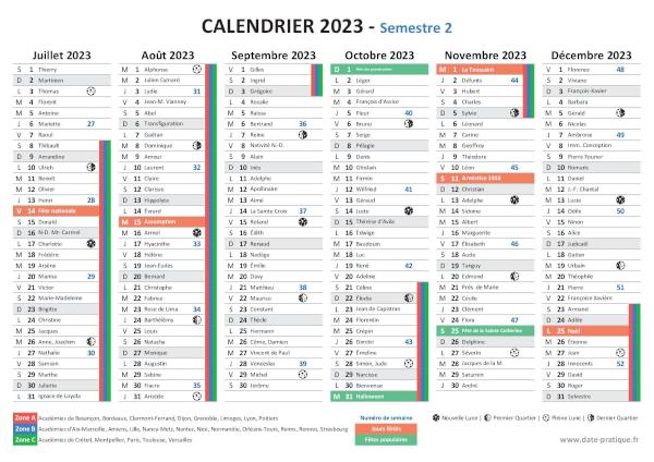 Calendrier 2023 gratuit à imprimer - Semestre N°2.