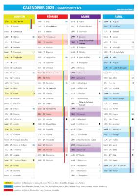 Calendrier 2023 quadrimestre N°1 : mois de janvier, février, mars et avril 2023.