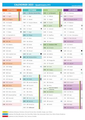 Calendrier 2023 quadrimestre N°3 : mois de septembre, octobre, novembre et décembre 2023.