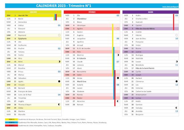 Calendrier trimestriel 2023 à imprimer - Trimestre N°1.