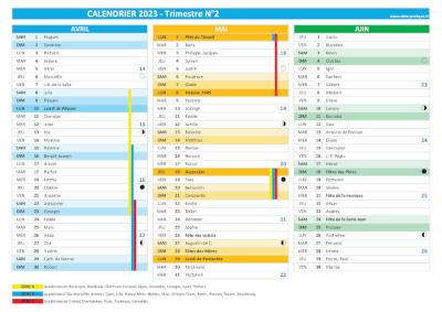 Calendrier 2023 trimestre N°2 : mois d'avril, mai et juin 2023.