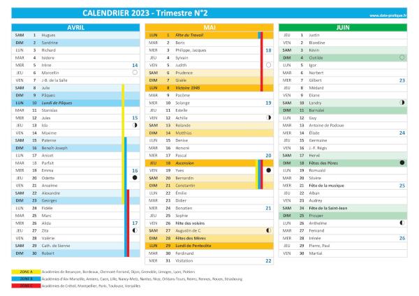 calendrier 2023 trimestre N°2 : mois d'avril, mai et juin 2023.