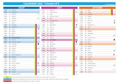Calendrier 2023 trimestre N°3 : mois de juillet, août et septembre 2023.