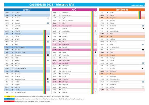 calendrier 2023 trimestre N°3 : mois de juilet, août et septembre 2023.