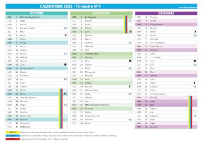 Calendrier 2023 trimestre N°4 : mois d'octobre, novembre et décembre 2023.