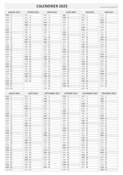 Calendrier 2023 vierge à imprimer en noir et blanc, format A4 portrait.