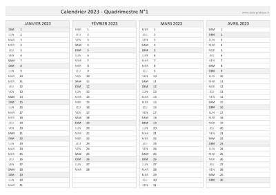 Calendrier 2023 vierge pour les mois de janvier, février, mars et avril 2023.