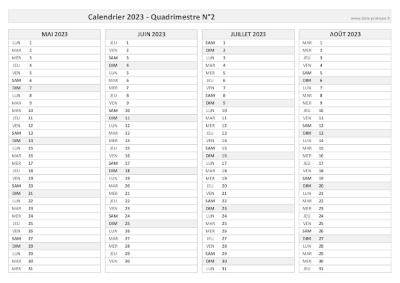 Calendrier 2023 vierge pour les mois de mai, juin, juillet, août 2023.