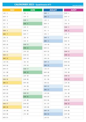 Calendrier 2023 vierge pour les mois de mai, juin, juillet, août 2023.