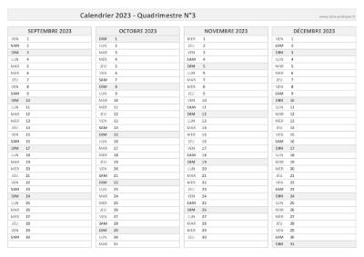 Calendrier 2023 vierge pour les mois de septembre, octobre, novembre, décembre 2023.
