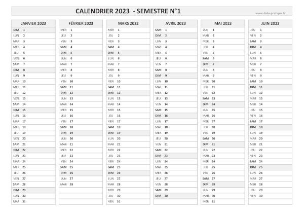 Calendrier 2023 vierge semestre N°1 : mois de janvier, février, mars, avril, mai et juin 2023.