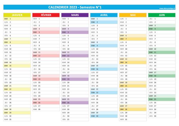 Calendrier 2023 vierge à imprimer - Semestre N°1.