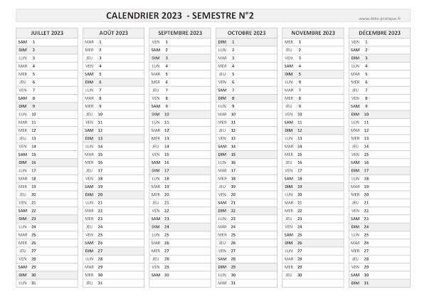 Calendrier 2023 vierge semestre N°2 : mois de juillet, août, septembre, octobre, novembre et décembre 2023.