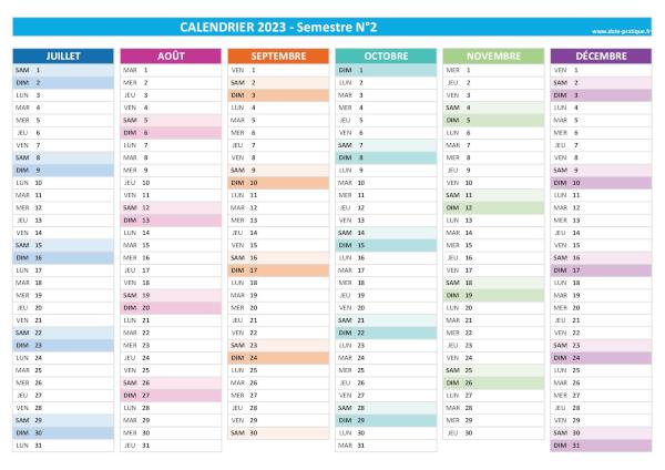 Calendrier 2023 vierge à imprimer - Semestre N°2.