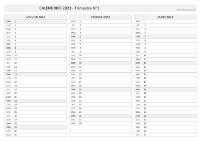 Calendrier vierge trimestre N°1 2023 : mois de janvier, février et mars 2023.