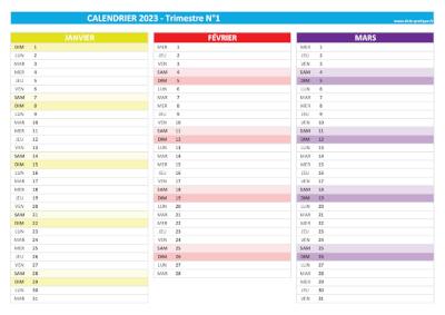 Calendrier 2023 vierge trimestre N°1 : mois de janvier, février et mars 2023.