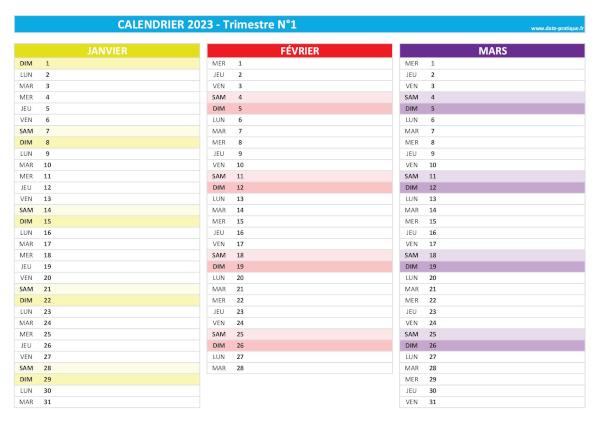 calendrier 2023 vierge trimestre N°1 : mois de janvier, février et mars 2023.
