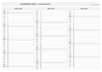 Calendrier vierge trimestre N°2 2023 : mois d'avril, mai et juin 2023.