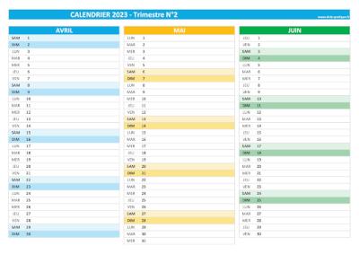 Calendrier 2023 vierge trimestre N°2 : mois d'avril, mai et juin 2023.