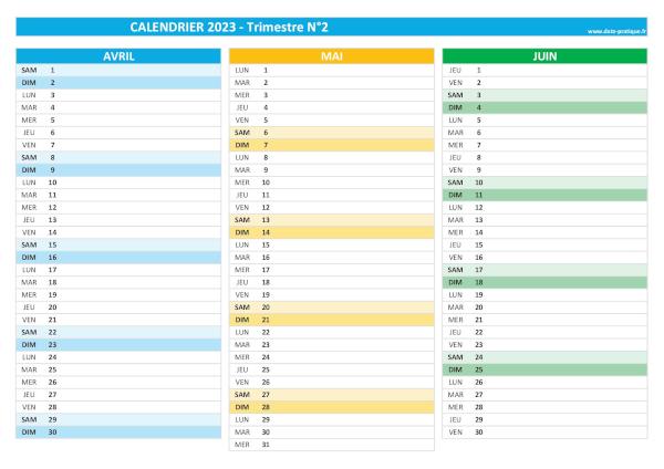 calendrier 2023 vierge trimestre N°2 : mois d'avril, mai et juin 2023.