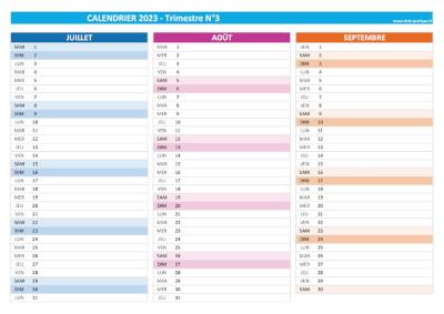 Calendrier 2023 vierge trimestre N°3 : mois de juillet, août et septembre 2023.