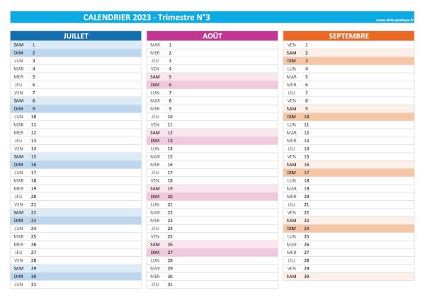 calendrier 2023 vierge trimestre N°3 : mois de juilet, août et septembre 2023.