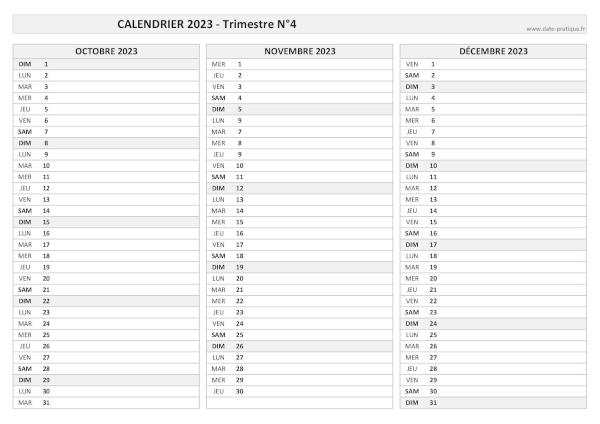 Calendrier vierge trimestre N°4 2023 : mois d'octobre, novembre et décembre 2023.