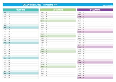 Calendrier 2023 vierge trimestre N°4 : mois d'octobre, novembre et décembre 2023.