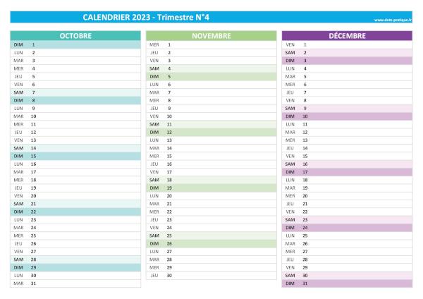 calendrier 2023 vierge trimestre N°4 : mois d'octobre, novembre et décembre.