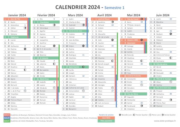Calendrier 2024 gratuit à imprimer - Semestre N°2.