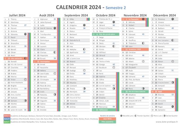 Calendrier 2024 gratuit à imprimer - Semestre N°2.