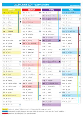 Calendrier 2024 quadrimestre N°1 : mois de janvier, février, mars et avril 2024.