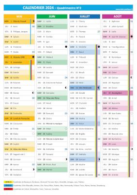 Calendrier 2024 quadrimestre N°2 : mois de mai, juin, juillet et Août 2024.