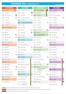 Calendrier 2024 quadrimestre N°3 : mois de septembre, octobre, novembre et décembre 2024.