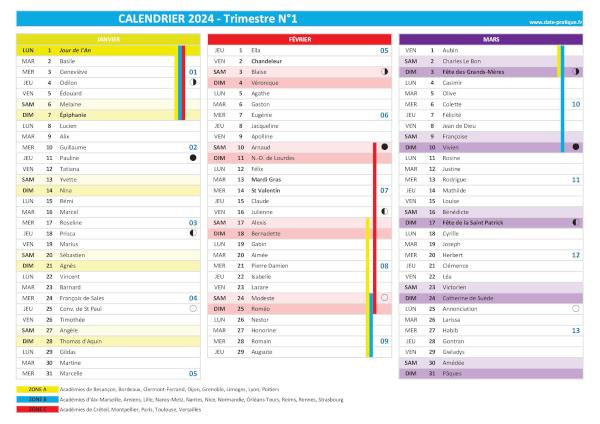 Calendrier trimestriel 2024 à imprimer - Trimestre N°1.