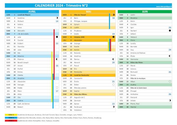 calendrier 2024 trimestre N°2 : mois d'avril, mai et juin 2024.