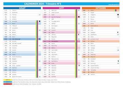 Calendrier 2024 trimestre N°3 : mois de juillet, août et septembre 2024.