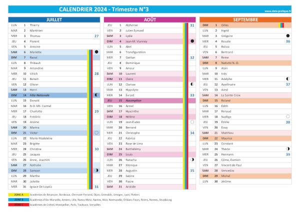 calendrier 2024 trimestre N°3 : mois de juilet, août et septembre 2024.