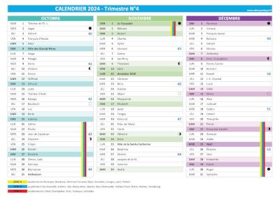 Calendrier 2024 trimestre N°4 : mois d'octobre, novembre et décembre 2024.