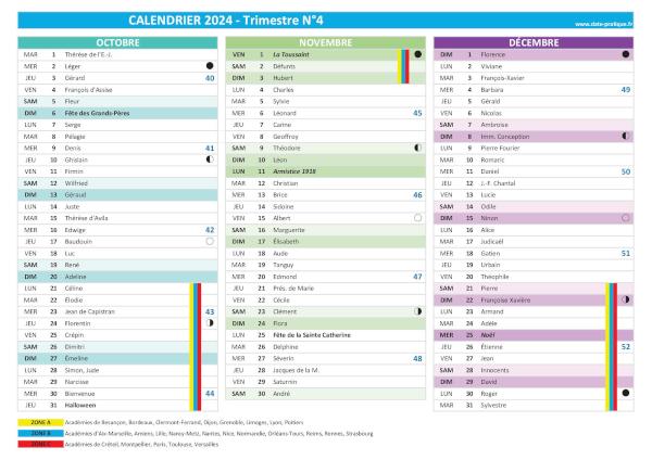 calendrier 2024 trimestre N°4 : mois d'octobre, novembre et décembre 2024.