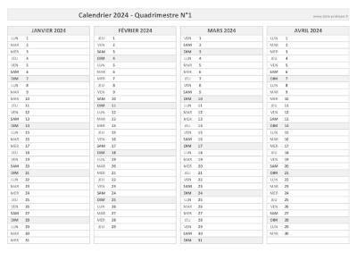 Calendrier 2024 vierge pour les mois de janvier, février, mars et avril 2024.