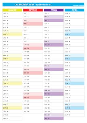 Calendrier 2024 vierge pour les mois de janvier, février, mars et avril 2024.